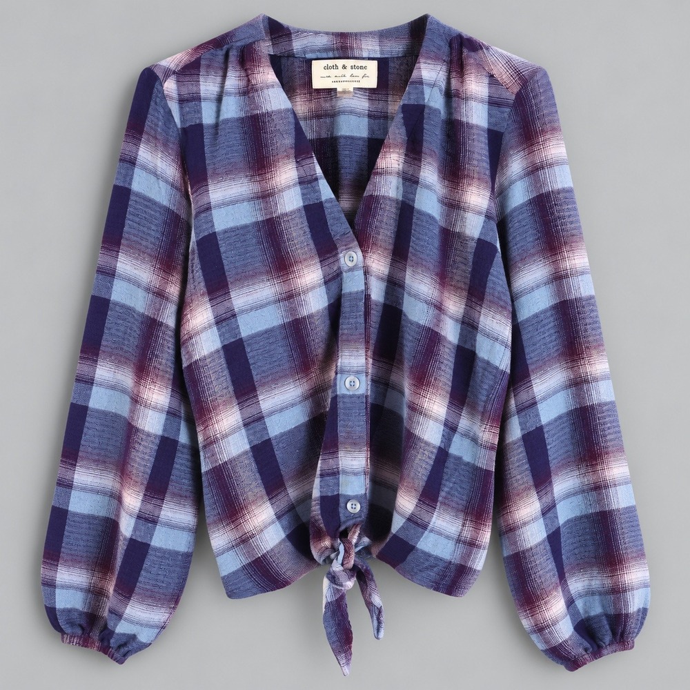 Cloth & Stone Anthropologie Plaid Tie Front Blouse Purple Blue XS R4658-X79-304